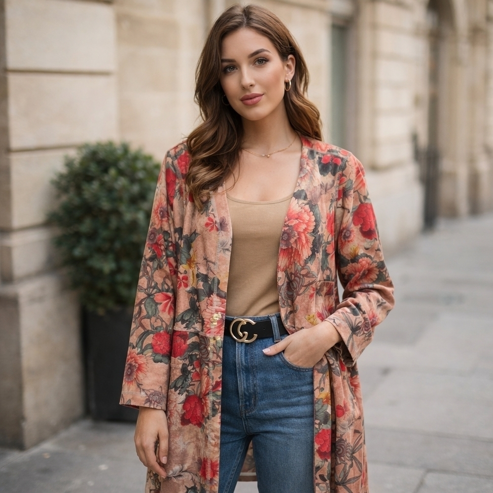 Solitaire Anthropologie Floral Faux Suede Open Front Jacket Size L